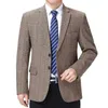 Человек шерсть Tweed Blazer плед шерстяной ткани куртка костюм темно-синий верблюд серый костюм Homme зубчатый воротник манжеты кнопка дизайн пальто 2111111