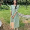 Sommarklänning Mode Eleganta Söta Blommor O-Neck Puff Sleeve Casual Lace Up Waist Slim Dresses Kvinna 210519