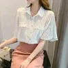 Frauen Blusen Hemden Elegante Chiffon Frauen 2021 Sommer Weißes Hemd Bluse Floral Kurzarm Hülsenkragen Süße Frau