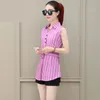 Vrouwen lente zomer lange stijl chiffon blouses shirts dame casual mouwloze gestreepte turn-down kraag blusas tops DF1927 210323