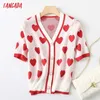 Tangada Women Heart Knitted Cardigan Sweater Jumper Vintage Short Sleeve Pearl Button-up Female Outerwear YU59 210609