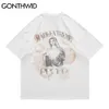 Oversized Tshirts Ripped Distressed Virgin Mary Punk Rock Gothic Streetwear Men Hip Hop Casual Cotton Loose Tees Shirts 210602
