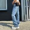 Pocket patchwork haute taille jeans lâche tube droit nettoyant mince jambe de jambe pince pantalon femme marée 100% coton 210322
