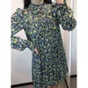 Vintage verde floral estampado vestido mujeres stand collar manga larga plisado casual dama verano vestido corto más tamaño 210430