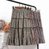 Koreansk stil vårblommig utskrift A-Line Long Boho kjolar Elastisk midja Patch Patchwork Plissed 210619