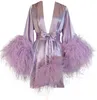 2021 Purple Evening Dresses Pregnant Women's Feather Fur Bridal Sheer Robe Sexy Illusion Lingerie Nightgown Bathrobe Sleepwear