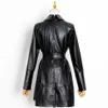 Autumn Women's Pu Leather A-line Dress Vestidos Retro Sexy Big Lapel Long Sleeve Lace-Up Black Fashion Clothing 210527