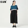 [EAM] Women Contrast Color Big Size Patchwork Dress Round Neck Short Sleeve Loose Fit Fashion Summer 1DD6712 210512