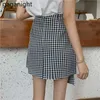 Yaz Kadın Mini Etekler Harajuku Kore Düzensiz Wrap Etek Moda Ekose Siyah Gri Yüksek Bel Kısa Kadın 210601