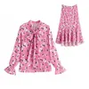 Eleganckie kobiety Lato Długie Maxi Dresses Dwuczęściowy Zestaw Seksowny Kwiat Druku Pink Top Spódniczki Kwiatowy 2 210430