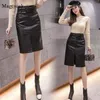 Moda Otoño Invierno Falda de cuero sexy Mujeres Cintura alta A-Line Midi Ladies S Split Bag Hip PU Negro 12129 210512