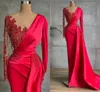 Röd långärmad sjöjungfrun kväll formella klänningar 2022 Beaded tofs spets sheer o-neck arabiska aso ebi tillfälle prom klänning kläder