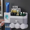 GURET All in one Toothbrush Holder With Cups Toothpaste Squeezer Dispenser Punch-free Storage Rack For Bathroom Accessories Sets 210322