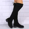 Bottes Sexy Femmes noires sur le genou Fashion Hiver Chaussures pour femmes Round Toe Lace Up Stretch Botas Mujer