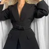Kadın Geniş Kemer Ince Blazer Yaka Uzun Kollu Ofis Bayan Suit Ceket Moda Sonbahar Yüksek Sokak Hırka Lace Up Blazers 211019