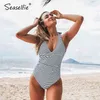 Seasofie Mavi Şerit Halter Mayo Seksi Aç Geri Mayo Kadınlar Monokini Bodysuit Mayo Beachwear 210702