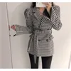 Houndstooth Korean Belt Woolen Coats Jackets Women Puff Sleeve Notched Collar Double-breasted Elegant Vintage Female Outwear Top 210513