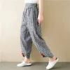 Pantalon à carreaux en coton et lin pour femmes, rétro, ample, décontracté, grande taille, élastique, taille haute, sarouel, été, Q0801