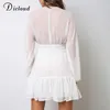 Dicloud Seksi Dalma V Boyun kadın Yaz Elbise Beyaz Dantel Uzun Kollu Mini Düğün Parti Fırfır Zarif Giysileri 210623