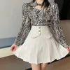 Korean OL 2 Piece Set Women Long Sleeve Leopard Shirt Blouses + High Waist Pleated Skirts Sets Suits Femme Two Outfits 210514