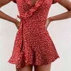 Verão Womens Floal A-Linha Vestido Doce Elegante Floral Ruffles V-Neck Bandage Curto Vestido Para Lady Chic Flores Mini Vestido X0705