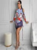 Casual Dresses High Street Chic O Neck Long Sleeve Cool Print Mini Dress Sexy Tight Club Party Lady Fashion Women