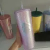 Tumblers 710ml Personalized Starbucks Cups Iridescent Bling Rainbow Unicorn Studded Cold Cup Tumbler Coffee Mug with Straw2166