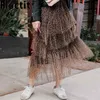 Flektit leopard tulle kjol kvinnor höst vinter asymmetrisk skiktad ruffle mesh midi vintage stil * 210621
