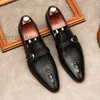 Mens escritório negócios sapatos genuíno couro casamento terno vestido mocassins preto luxo monge cinta fivela homens formais crocodilo sapatos