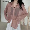 Summer Sexy See Through Blouse Ladies White Transparent Long Sleeve Turn-Down Buttons Tops Shirts Women Chiffon 210601