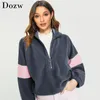 Moda Patchwork Fleece Sweatshirts Outono Inverno Quente Hoodies para Mulheres Casual Manga Longa Zíper Teddy Hoodie Top 210515