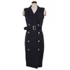 Elegant Double-Breasted Women Dress Office Ladies Sexy Sleeveless Notched Suit Jacket Blazer Bodycon Outwear With Belt 210506