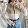 Shirts Blouses Casual Mode Kleding Single-Breasted Contrast Kleur Patchwork Tops Turn Down Collar Lange Mouw Chic 210429