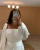 Simple White Silk Evening Dresses Puffy Long Sleeves Square Neck Dubai Women Formal Prom Gowns Plus Size Party 2022