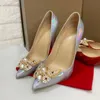 Casual Designer Sexy Lady Fashion Women Shoes Silver Laten Läder Bow-Knot Crystal Pointy Toe Stiletto Stripper High Heels Prom Kvällspumpar Storlek 44 12cm