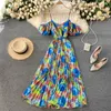 Bohemian Beach Holiday Dress Women Summer V-neck Strap Off Shoulder Puff Sleeve Floral Print Maxi Chiffon 210603