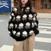 Kimutomo Women Rose Jacquard Knitted Sweater Spring Autumn Female O-neck Chic Long Sleeve Pullover Knitwear Fashion 210521