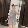 Zomer Patchwork Textured Mini Dress Dames Chic Casual Smock Vrouw Contrast Korte Puff Sleeve Rafed Hem Vestidos 210430