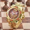 Męskie Zegarki Duży Hollow Dial Ruch Kwarcowy Zegarek Zegarek Ze Stali Nierdzewnej Case Gold Color Brazylia Zegar Auto Data Gumowa Pasek Ciężki Wodoodporny Montre De Luxe