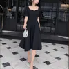 PERHAPS U Black Solid Square Collar Empire Short Sleeve Midi Dress Fit And Flare Vintage Summer D0508 210529