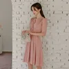Pleated Casual Tunic Dress Pink Women Slim A-Line Spring Half Sleeve Ladies Office Elegant Party es 210529