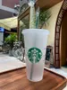 Starbucks القدح 24oz 710ml البلاستيك تورم بهلوان قابلة لإعادة الاستخدام الشرب الشرب المسطح السفلي كوب الشكل غطاء القش بارديان 1000pcs245z