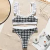 Peachtan High Waist Swimsuit Samica Plaid Siatki Bikini Set 2020 Wzburzyć Stroje kąpielowe Kobiety Przezroczyste Kostium kąpielowy Vintage Biquini Y0820