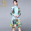 Fashion Runway Summer Elegant Blue Dress Women Long sleeve Vintage Jungle Animal Floral Print Mini 210506