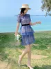 est runway desigers zomer vakantie jurk vrouwen mesh ruches lovertjes korte mouw bloem slanke taille mini jurken 210529