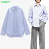 Vuwwyv Blue Paski Oversize Koszule dla kobiet Casual Plised Collar Button Up Koszula Długi Rękaw Asymetryczny Obróć Topy 210430