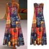 Plus Size Summer Sukienka Dla Kobiet Drukowanie Casual Beach Bez Rękawów Vintage Bohemian V Neck Maxi Samica Party 210514