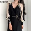 Ezgaga Dress Women Korean Chic Spring V-Neck Patchwork Contrast Long Lantern Sleeve High Waist Bandage Dress Elegant Vestidos 210430