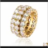 Cluster Rings Jewelry3 Rij Solitaire Mens Koper Charm Gold Sier Kleur A + Cubic Zirkoon Iced Ring Fashion Hip Hop Sieraden voor Mannen Drop levering