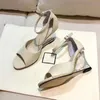 Sukienka Buty Wyczyść Sole Sandals Kobiety Kliny Wysokie obcasy Prawdziwej Skóry Kostki Pułapki Otwarty Toe 2021 Lato Design